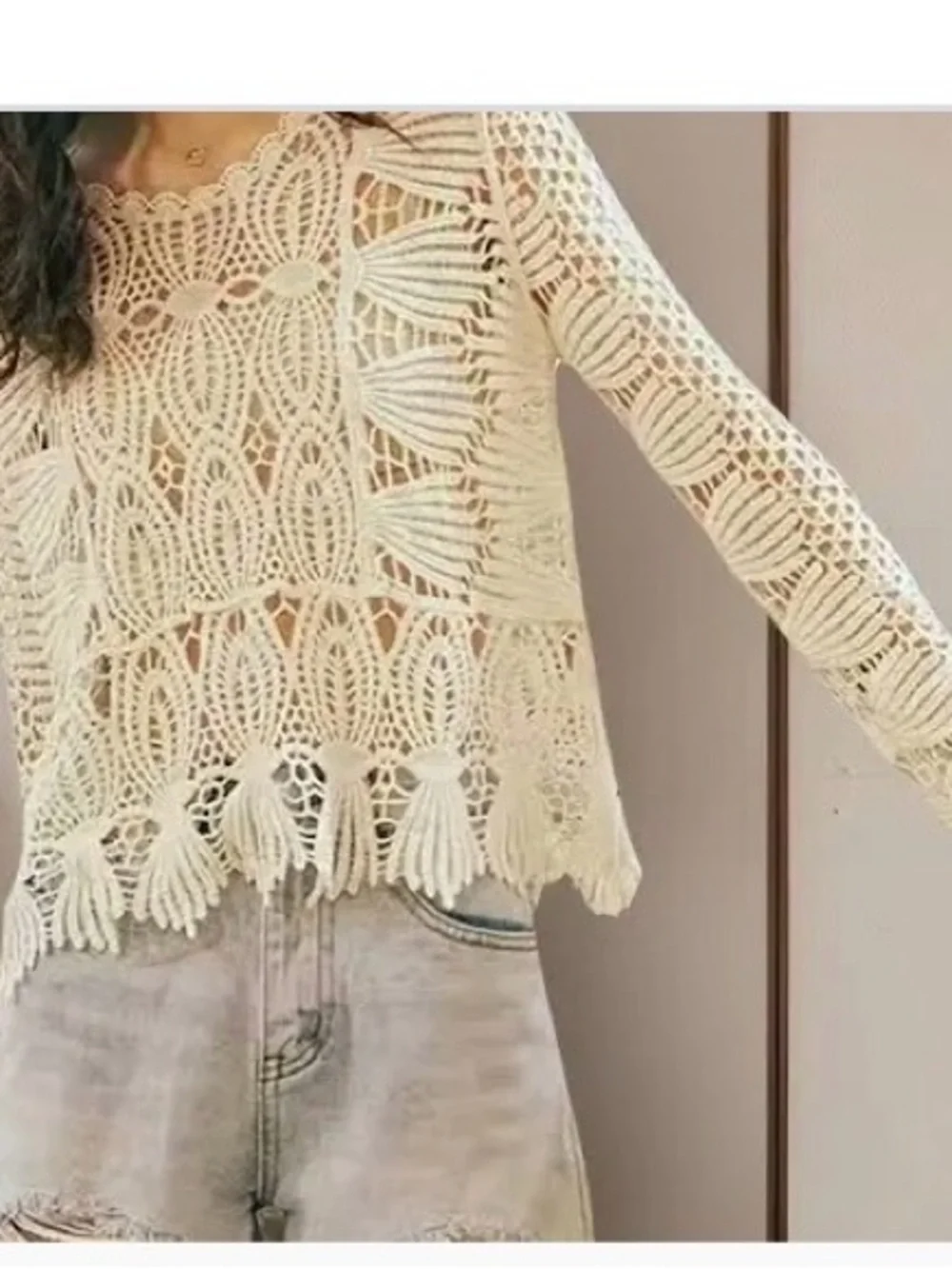 Rebellion Crochet Fringe Long-Sleeve Crop Top in Cream - Picture 5 of 8